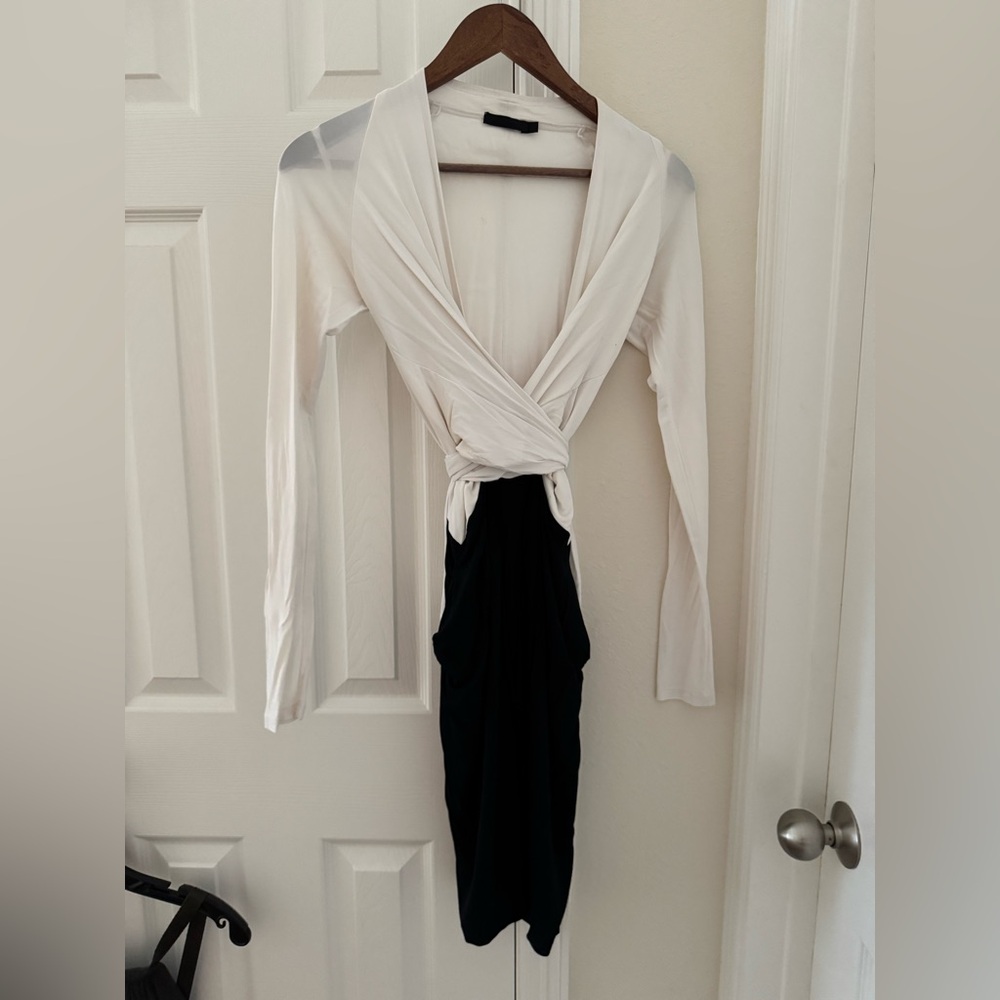 Donna Karan. Two-Tone Draped Cardigan Over Black Dress